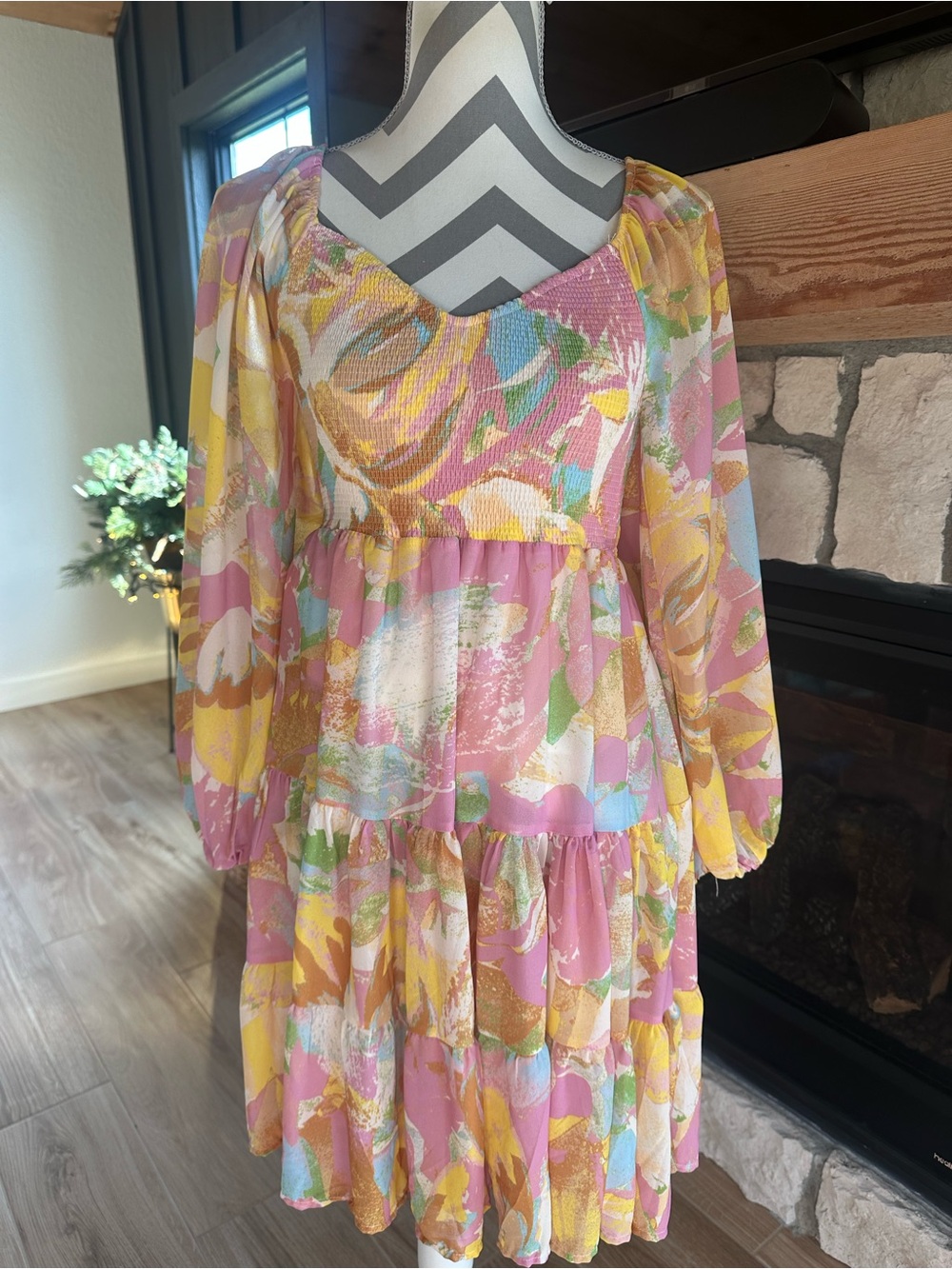 Bohme Women's yellow and pink long sleeve tiered boho mini dress